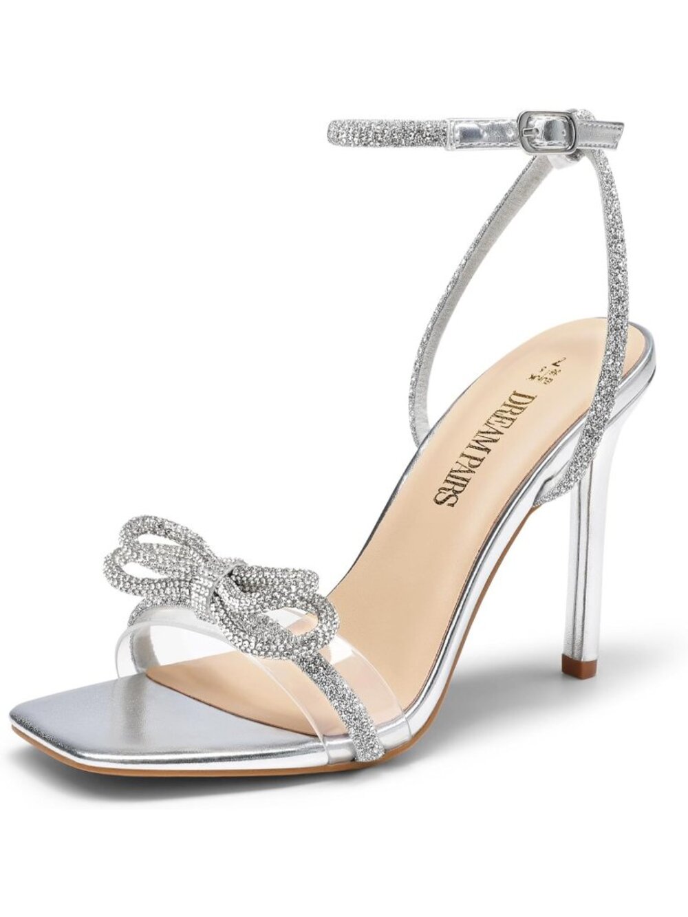 Women's Silver Stiletto with Rhinestone Double Bow Slingback High Heeled Sandals